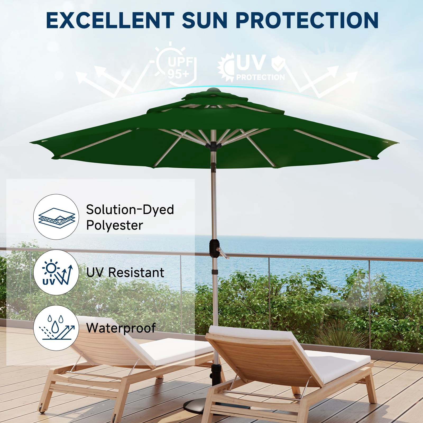 10FT 3-Tier Aluminum Outdoor Patio Umbrella, Fade-Resistant Market Umbrella with Push Button Tilt Function, 8 Sturdy All-Aluminum Ribs for Gardens, Patios, Backyards & Pools (Green)