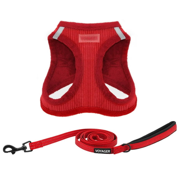 Voyager Step-in Plush Dog Harness â€“ Soft Plush, Step in Vest Harness for Small and Medium Dogs by Best Pet Supplies - Red Corduroy (Leash Bundle), M (Chest: 16 - 18") 206S-RD-RD-M