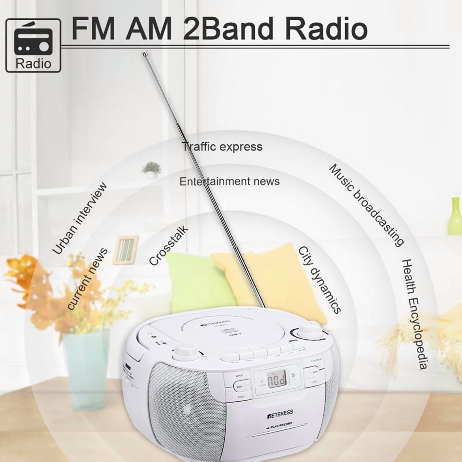 cd players portable,cd playerboombox with remote, AM/FM, Tape Recording, TF/USB Drive, AC or D Battery Powered, Headphone Jack, Stereo Sound (White)