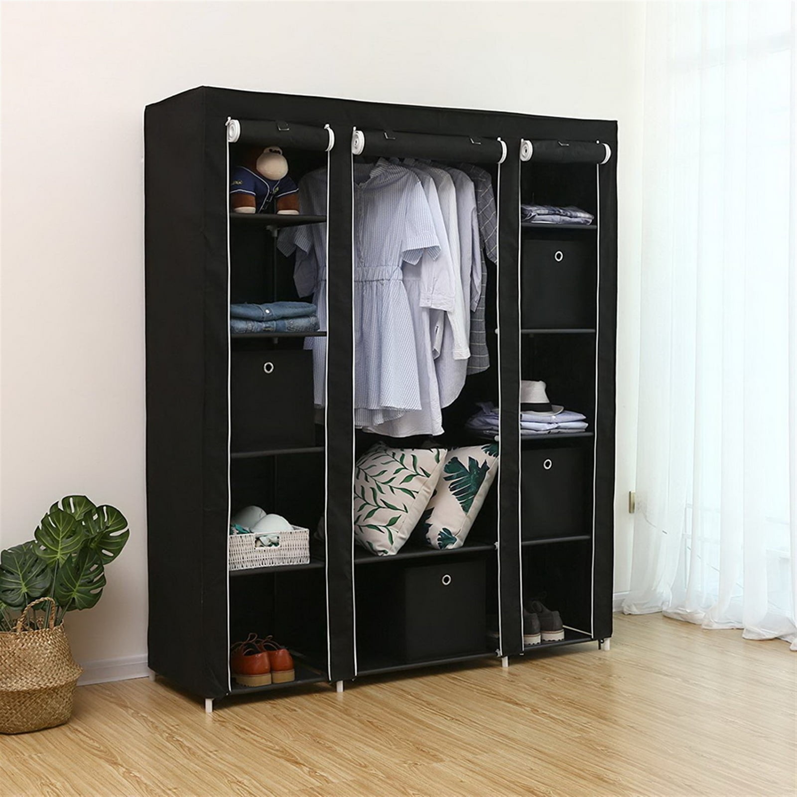 Portable Clothes Closet Wardrobe Storage Organizer with Non-Woven Fabric Quick and Easy to Assemble Extra Strong and Durable Black