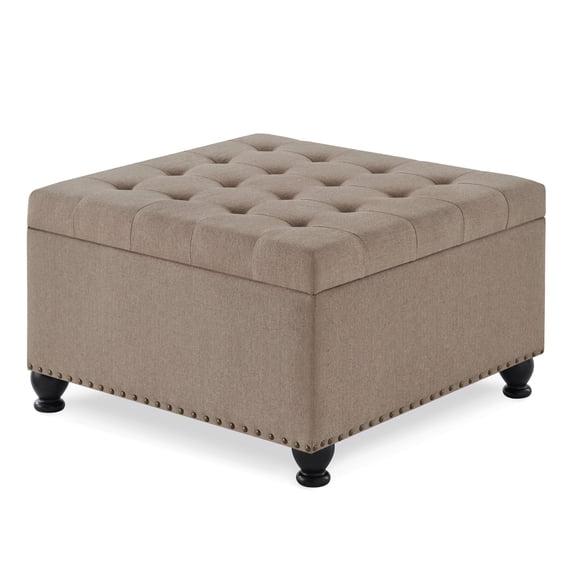 Newboti Furniture Large square storage ottoman with wooden legs, Upholstered button tufted coffee table with nail trims for for Living Space,Linen 05385