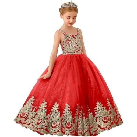 Drtj 2-14T Kids Teens Flower Girl Dresses Wedding Pageant Dresses Tulle Applique Prom Ball Gowns