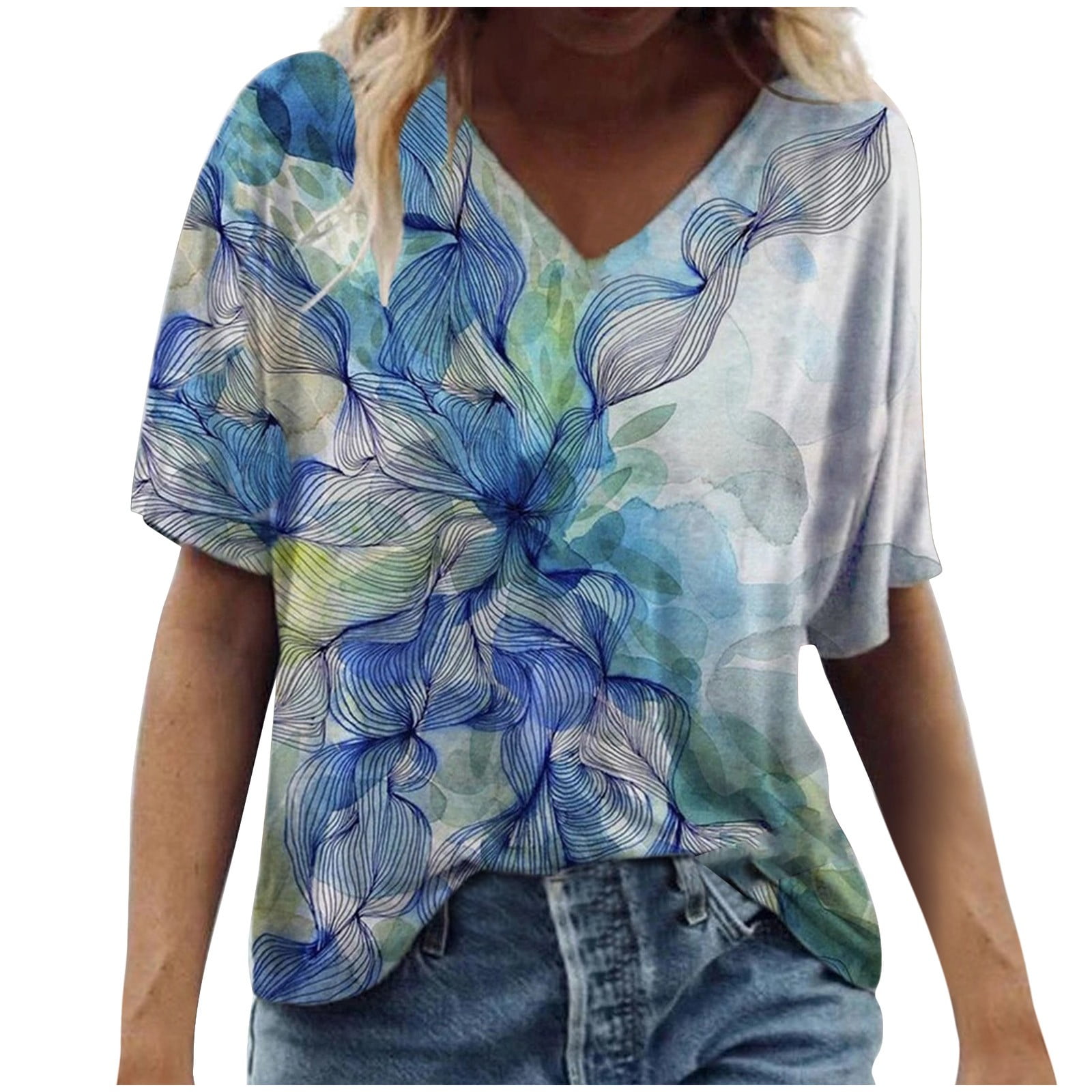ORT Blouse for Women,Womens Summer Tshirt V Neck Short Sleeve Blouse Tops Floral Printed Tunic Loose Casual Comfy Beach Tee
