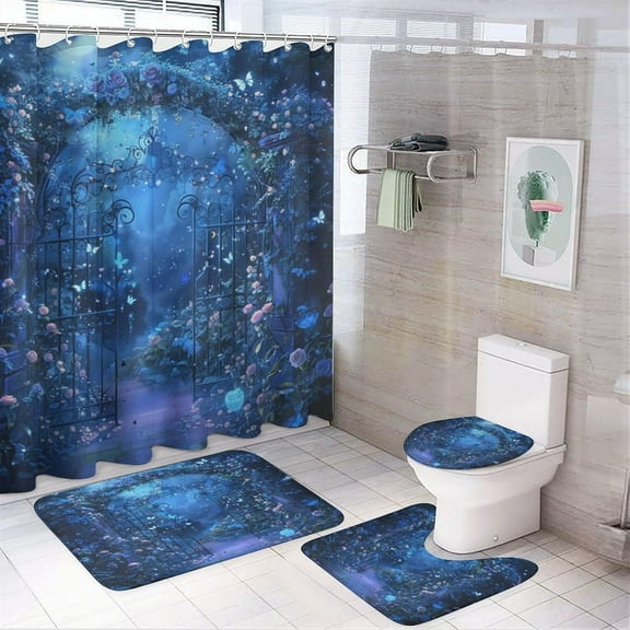 Fantasy Gothic Arch Floral for Bathroom Shower Curtain Sets with Rugs 4Pcs,Rustic Mid Century Spring Garden Butterfly Moon Rose Print Shower Curtains Sets (12Hooks)