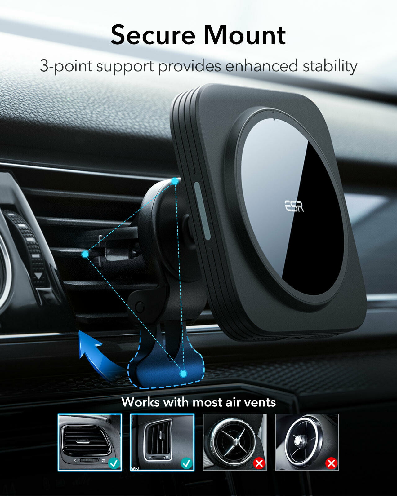  ESR for MagSafe Car Mount Charger (HaloLock), 15W Magnetic  Wireless Car Charger, Compatible with MagSafe Car Charger, Air  Vent/Dashboard Phone Holder Mount for iPhone 15/14/13/12, Fast Charging,  Black : Everything Else