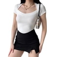 thumbnail image 3 of Biekopu Women's Summer Fitted Crop Tops,Solid Color Short Sleeve Blouse Cross Shoulder T-shirt, 3 of 9