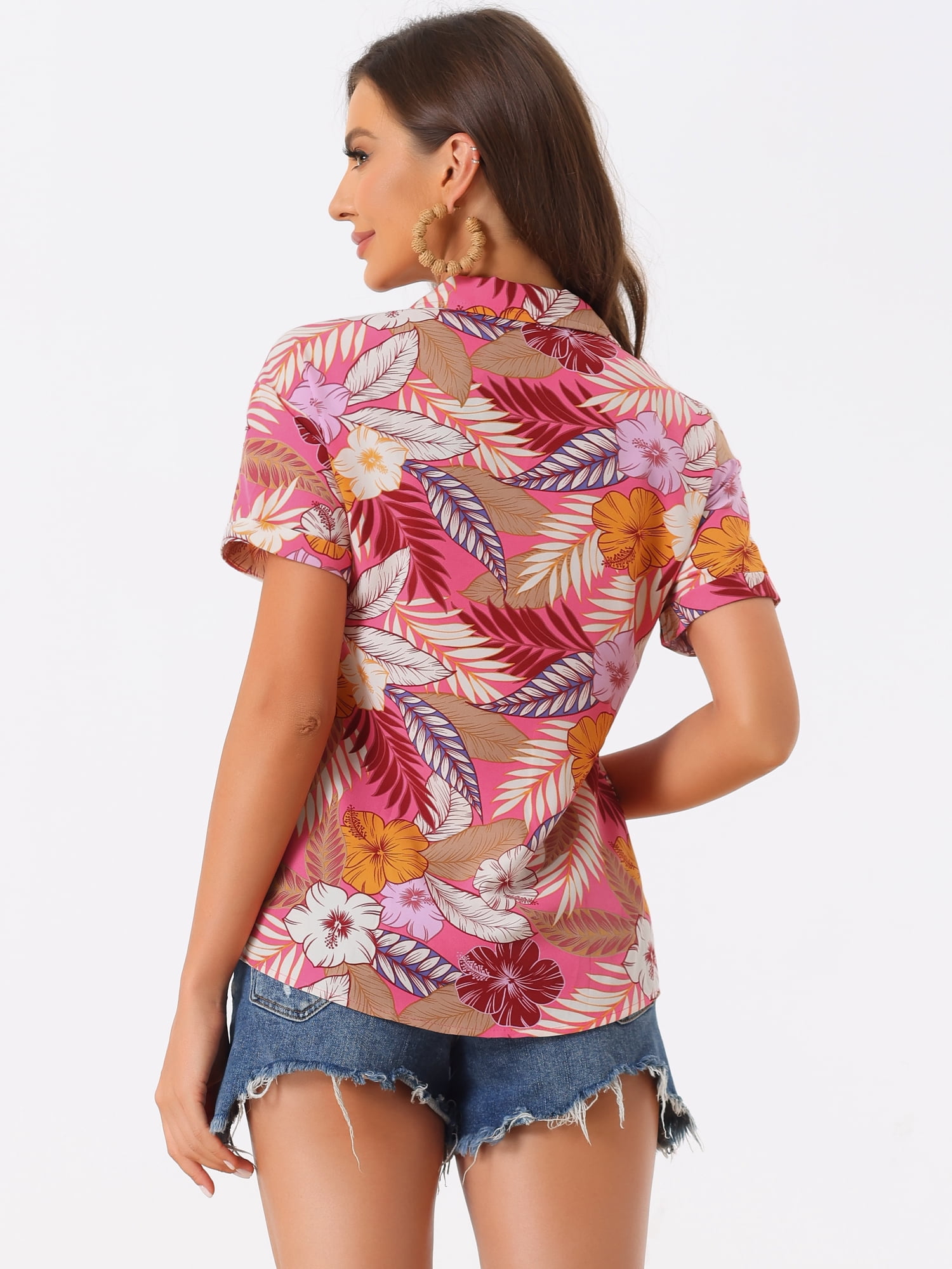 DARING DIVA Floral Leaves Print Short Sleeve Beach Top M Bright Pink