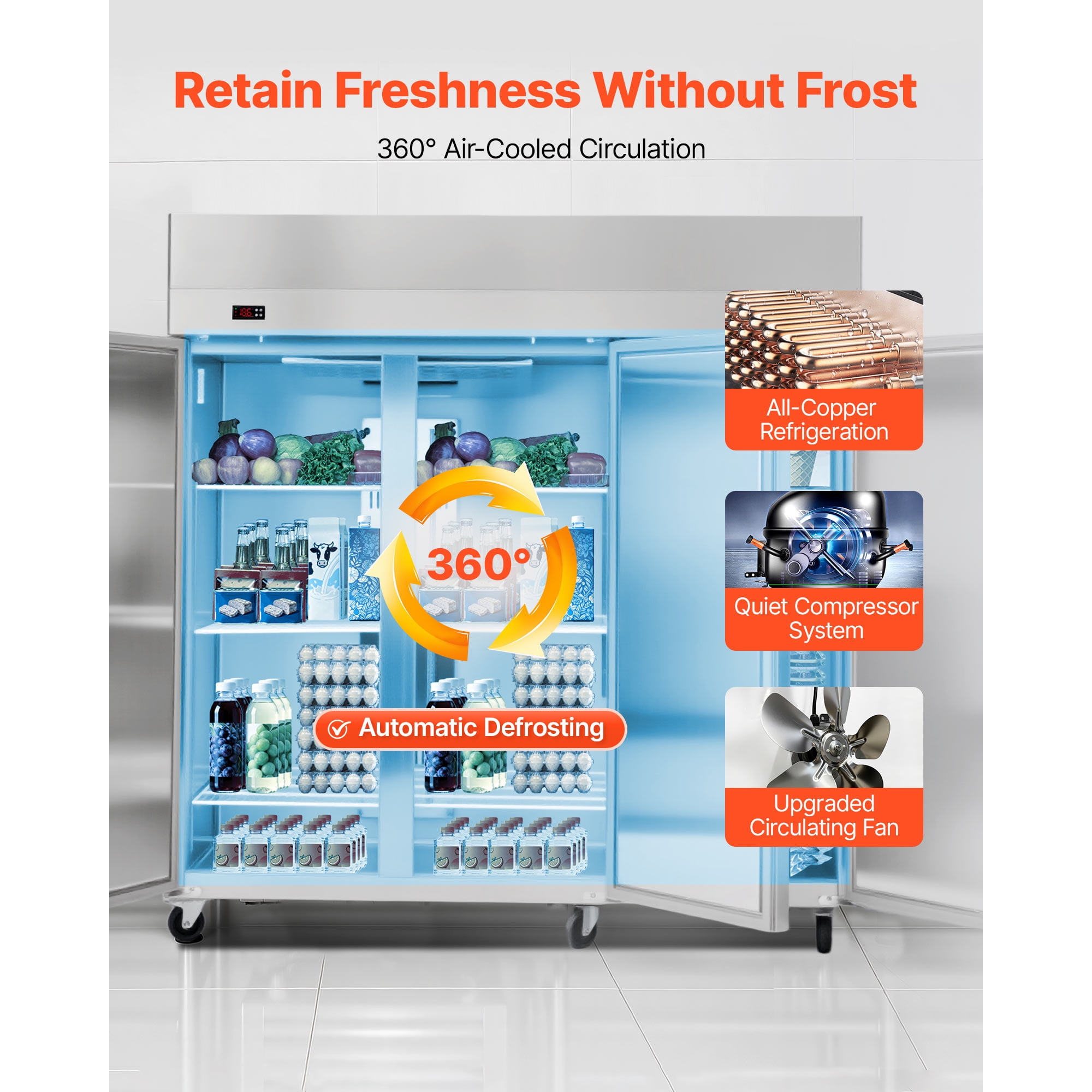 KFFKFF Commercial Refrigerator and Freezer Combo 72"W, 51 Cu.Ft Stainless Steel Upright Unit with Three Doors, Auto-Defrost, 9 Adjustable Shelves, UL Certified