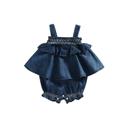 

Xingqing Newborn Baby Girls Ruffled Denim Bodysuit Casual Sleeveless Boat Neck Romper Summer Clothes Denim Blue 12-18 Months