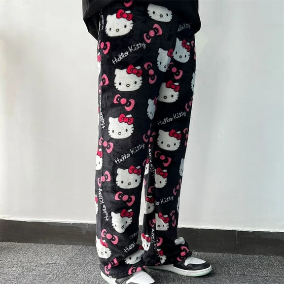 Kawaii Hello Kitty Pajama Pants Sanrio Anime Y2k Cartoon Coral Fleece Soft Trousers Women Home Trousers Christmas Festival Gifts