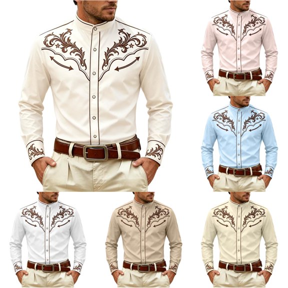 XIAOCHA Men's Western Scroll Print Button-Up Shirt Long Sleeve Shirts Country Holiday Casual Shirt