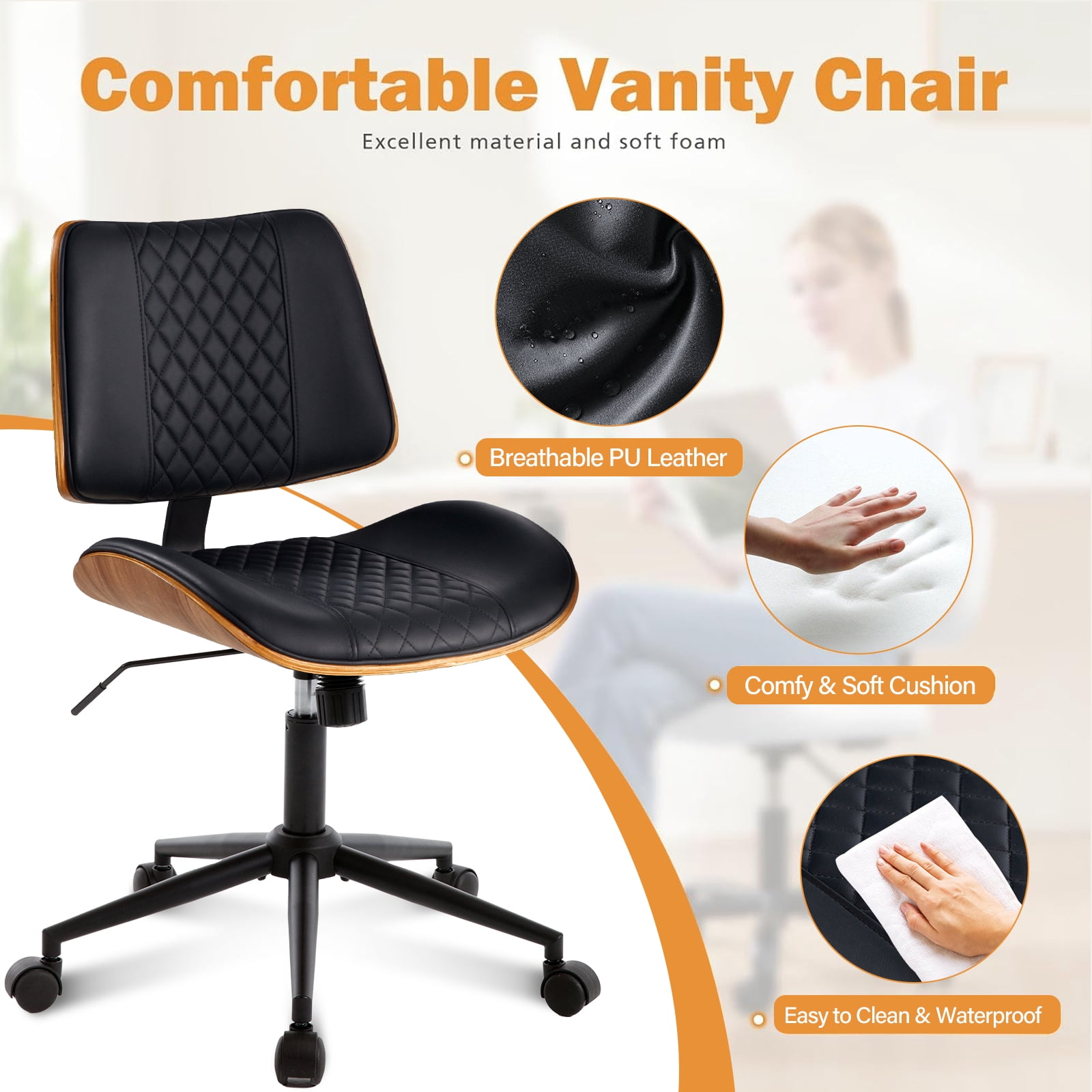 Home Office Chair, Armless Desk Chair with Wheels, Adjustable Height and 360° Swivel, Modern PU Leather Mid Back Computer Chair, Office Chair for Living Room Bedroom Office, Black