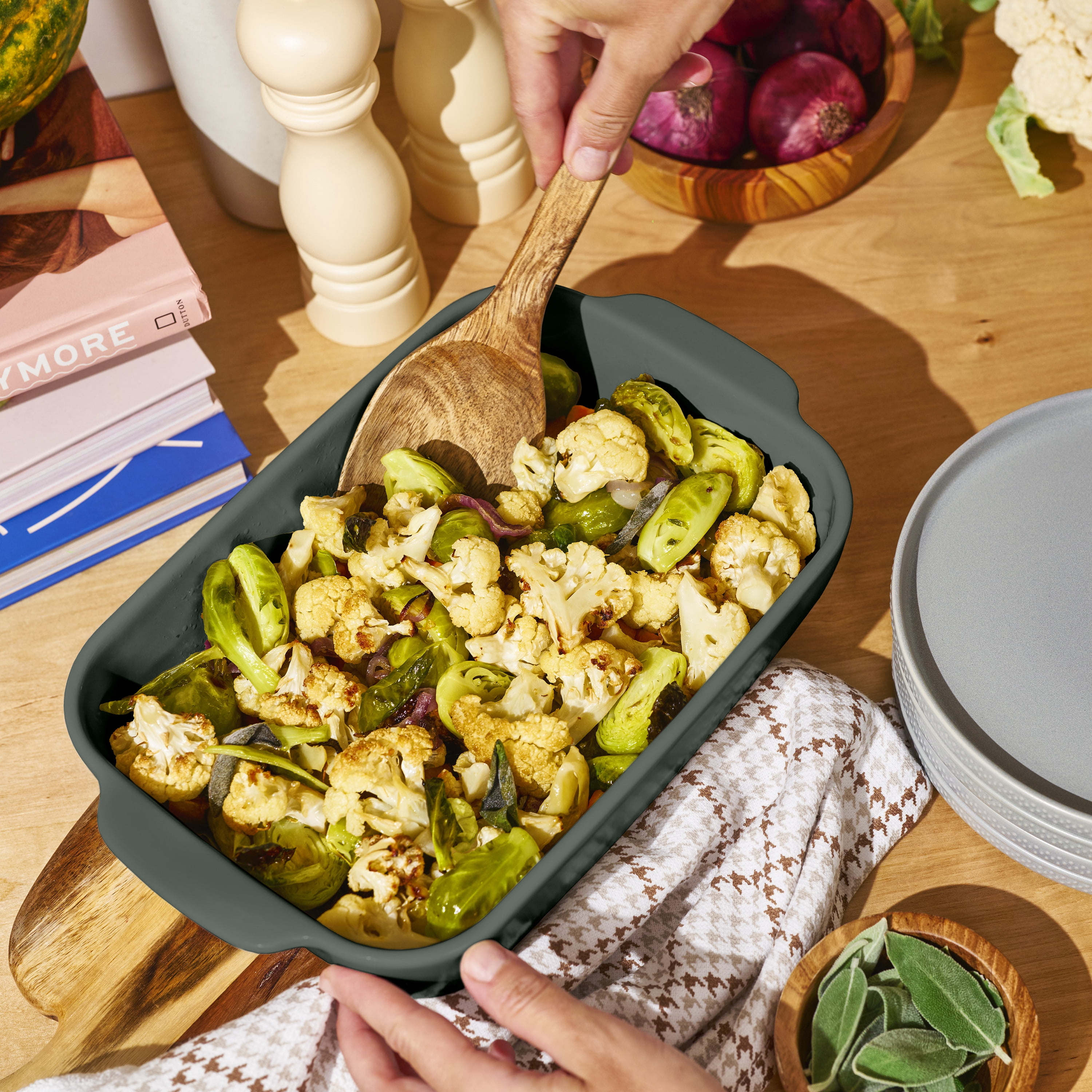Beautiful 12-Piece Stoneware Bakeware & Kitchen Tools Set, Thyme Green by Drew Barrymore