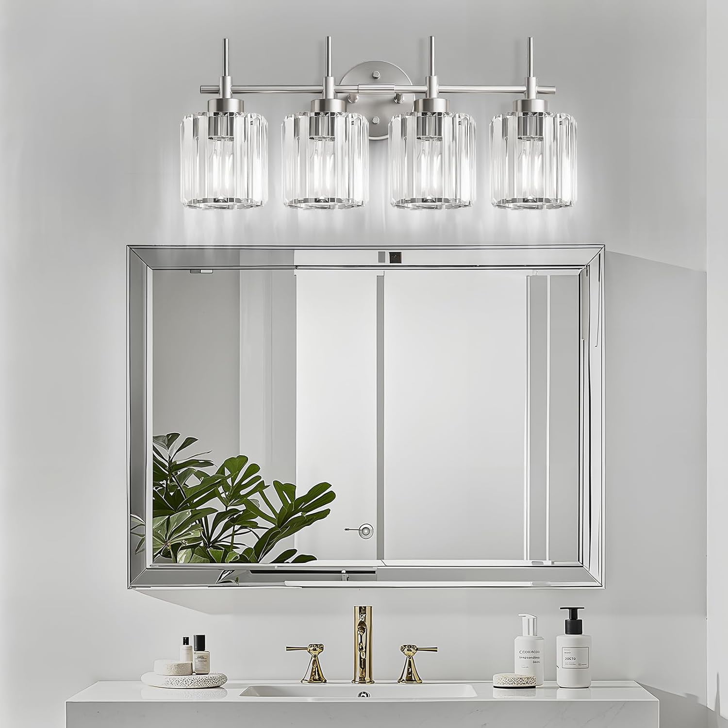 NATYSWAN 4 Lights Round Crystal Vanity Lights, Modern Crystal Wall Light Bath Mirror Light Fixture Over Mirror Bathroom Wall Sconces for Bathroom Living Room