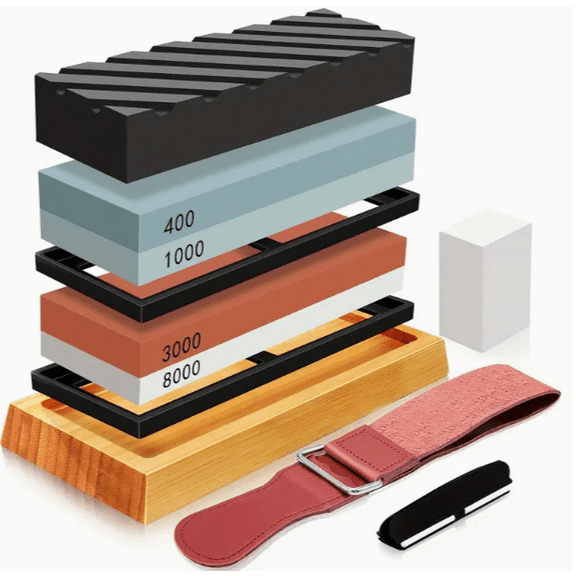 Knife Sharpening Stone Set,400/1000 3000/8000, Knife Sharpener Stone Set Include Non-slip Base, Leather Strop, Flattening Stone & Angle Guide