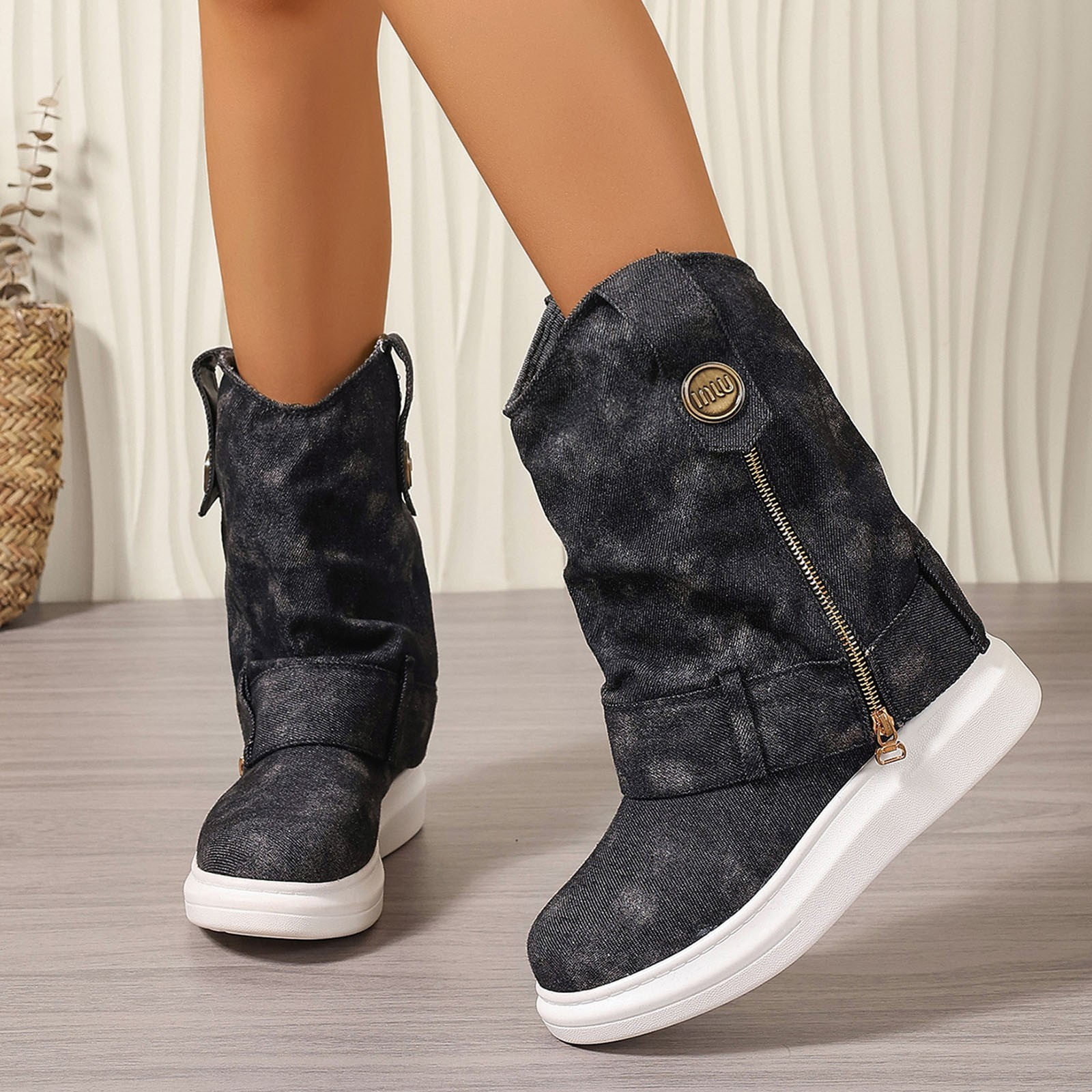 HUITKMM Bottes à Talon Bas Pour Femmes, Mode Hiver, Mi-Mollet, Décontractées Et Confortables, Avec Tempérament