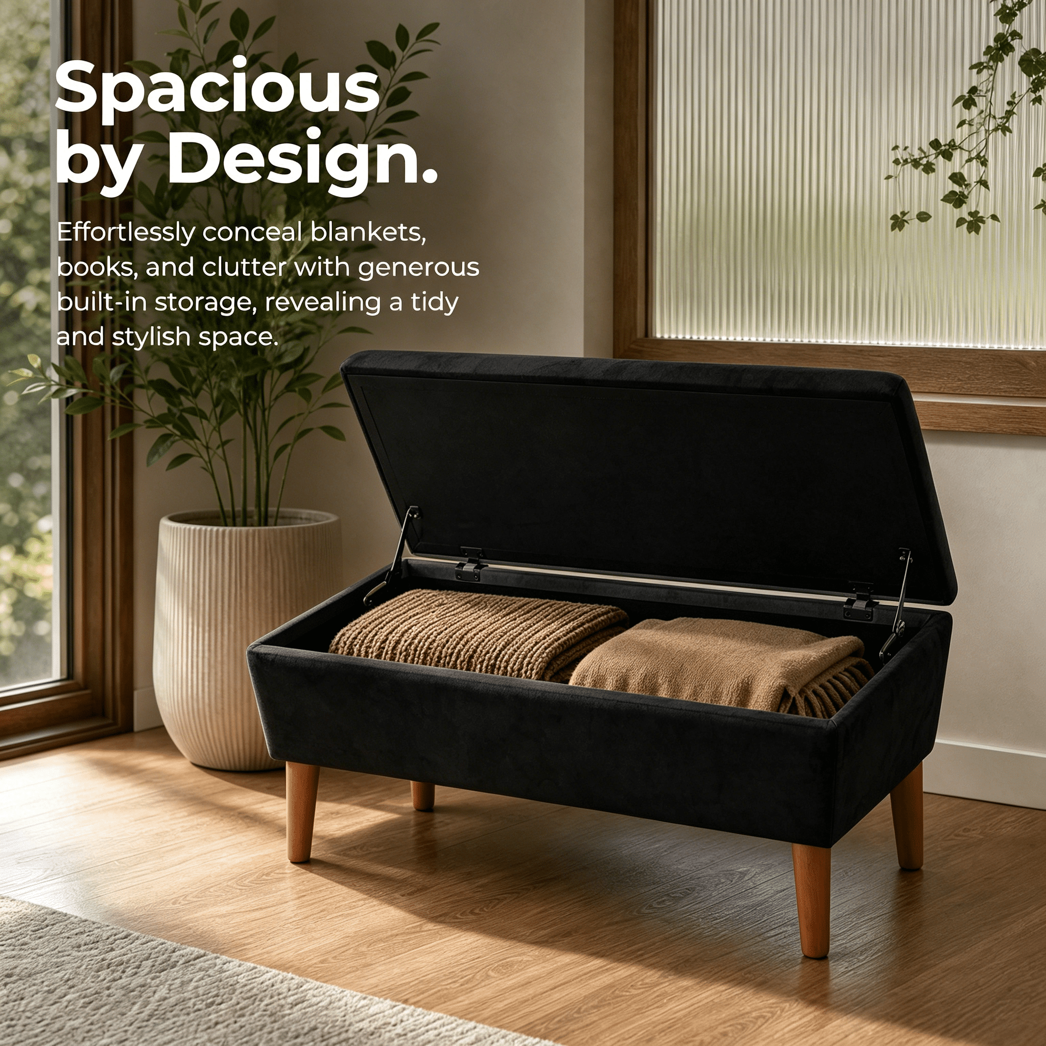 42" Rectangular Linen Upholstered Ottoman Bench, Solid Wood Tapered Legs Multi-Use Entryway Shoe Bench End of Bed Footrest Stool for Living Room Bedroom Small Spaces