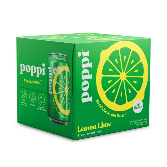 Poppi Lemon Lime Prebiotic Soda, 12 oz, 4 Pack Cans