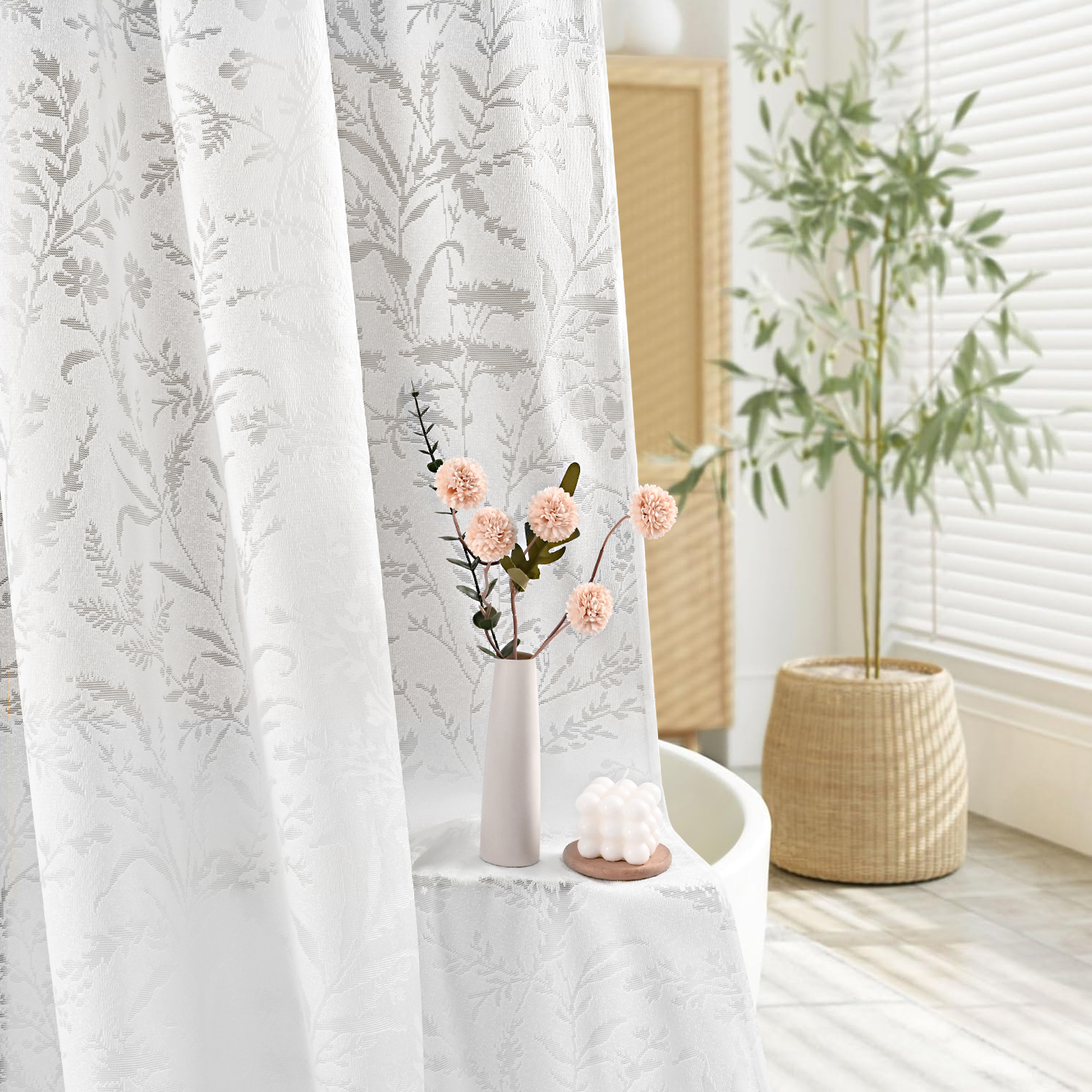 FRAMICS Fabric Shower Curtain Sets with Rug and Hooks, Lace Floral Leaves Bathroom Sets, Waterproof & Mold Resistant, White