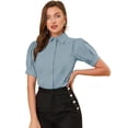 thumbnail image 1 of INSPIRE CHIC Camisa abotonada de oficina de trabajo de algodón con cuello de manga abullonada para mujer Azul polvoriento S, 1 of 6