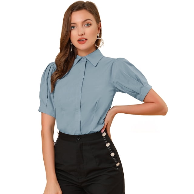 INSPIRE CHIC Camisa abotonada de oficina de trabajo de algodón con cuello de manga abullonada para mujer Azul polvoriento S