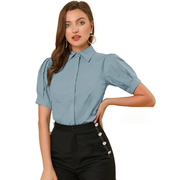 Camisa abotonada de oficina Allegra K de algodón con cuello de manga abullonada para mujer Azul polvoriento M
