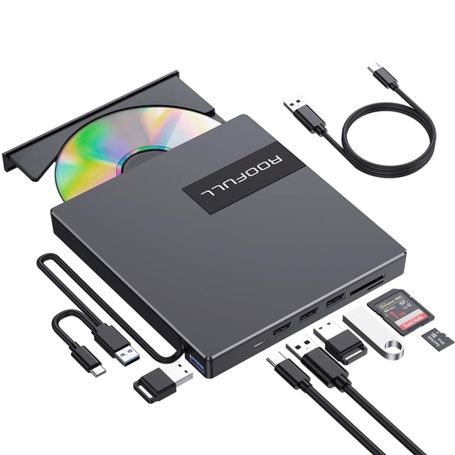 Unidad externa de CD DVD USB 3.0 USB-C ROOFULL con 4 puertos USB