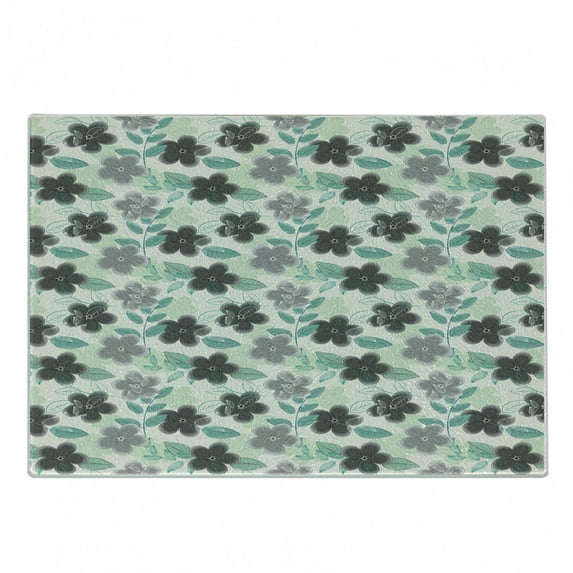 Floral Cutting Board, Abstract Nostalgia Pattern with Retro Blooms and Leaves Romantic, Decorative Tempered Glass Cutting and Serving Board, Small Size, Charcoal Grey Mint Green, by Ambesonne