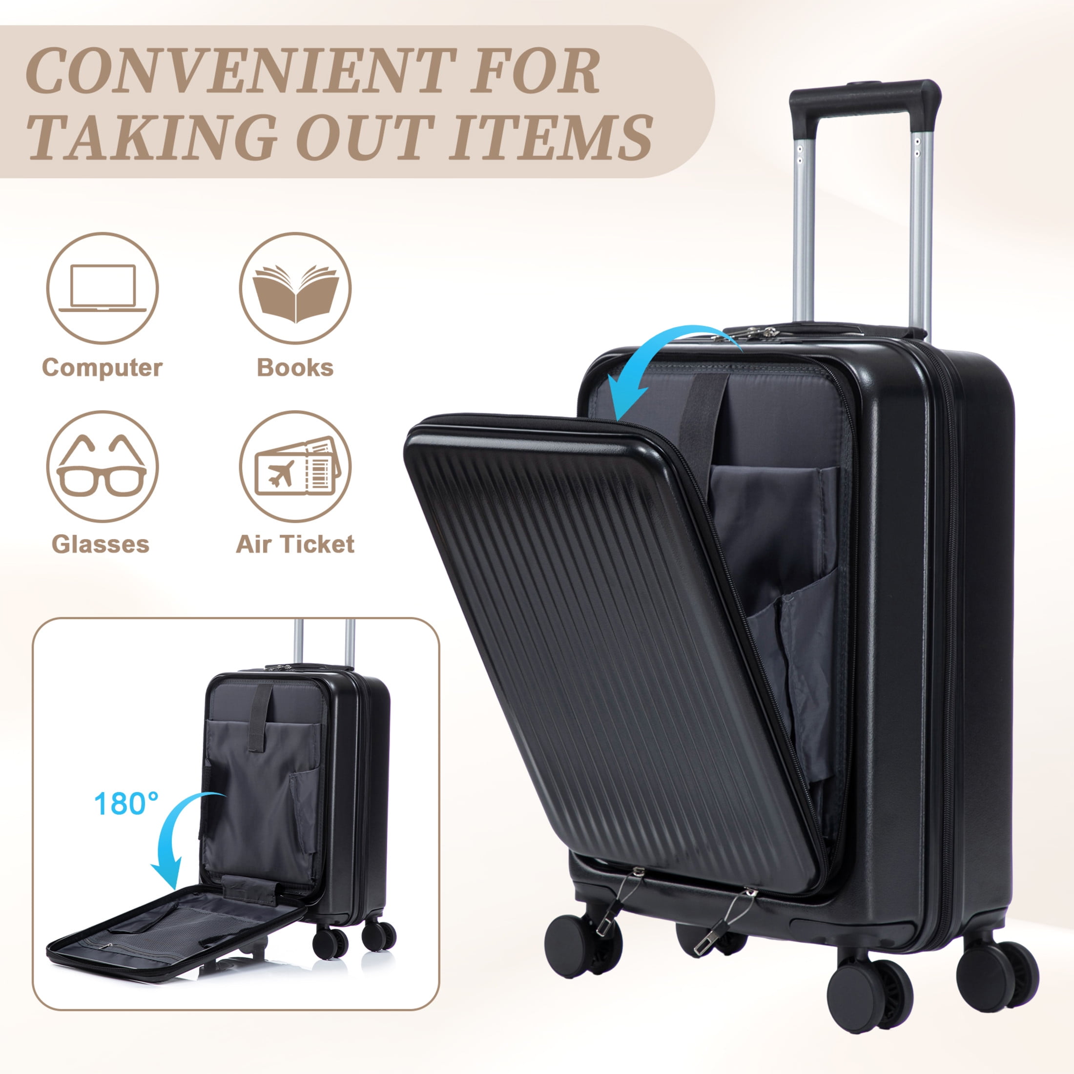 GDF Studio 20" Carry-On Spinner Luggage Set with 14" Cosmetic Case, Lockable and Front Opening, Black