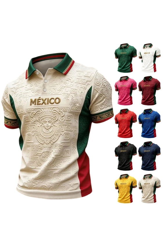Mexico Men's Short Sleeve Aztec Maya Embossed Polo Shirt with Flag Green-Red Side Panels, Gold MXICO Lettering & Textured Collar, Casual Cultural Fan Tee for Game Day, Travel, Office