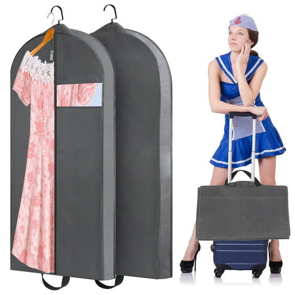 Abaima 2 Pack 60'' Garment Bags for Travel, 4" Gusseted Foldable Garment Bags for Hanging Clothes, Heavy Duty Dress Suit Bag with Pockets, Waterproof Garment Bags for Shirts, Coats, Dresses