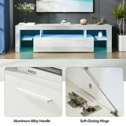 UHOMEPRO TV Stand for TV up to 80, High Gloss Entertainment Center with RGB LED Lights and Storage Shelves, White Media Console for Living Room