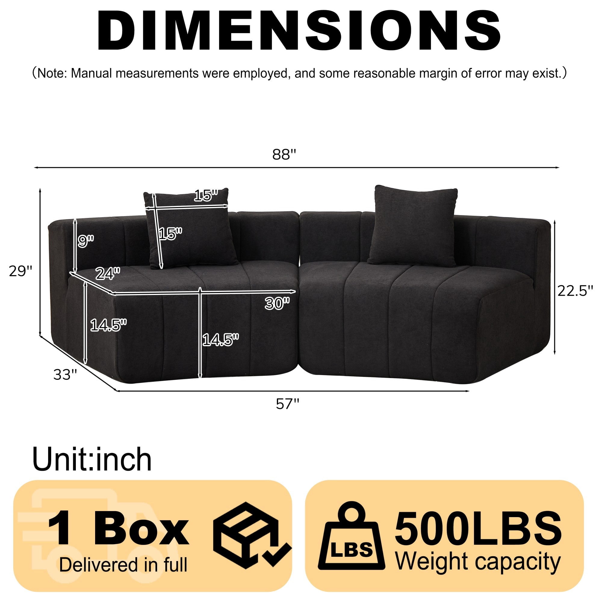Sailvan Chenille Semi Circular Sofa Sectional, Curved Symmetrical Modular Couch with 2 Pillows for Living Room, Office, No Assembly Required Black