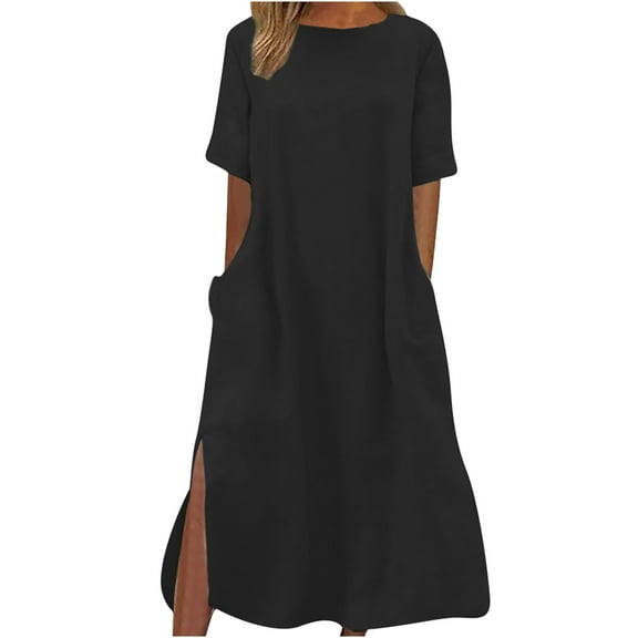 Ruimatai Women's Casual Loose Long Dress with Slit Round Neck Short Sleeve Comfortable Flowy Summer Maxi Dress
