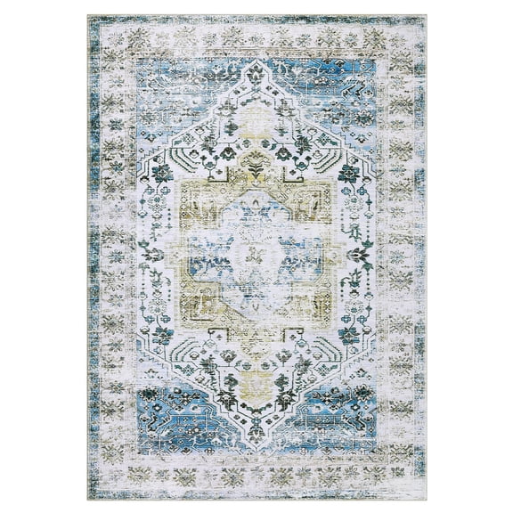 Washable Vintage Soft Non Slip Rectangular Distressed Floral Print Area Rug Blue 9 x 12(ft)