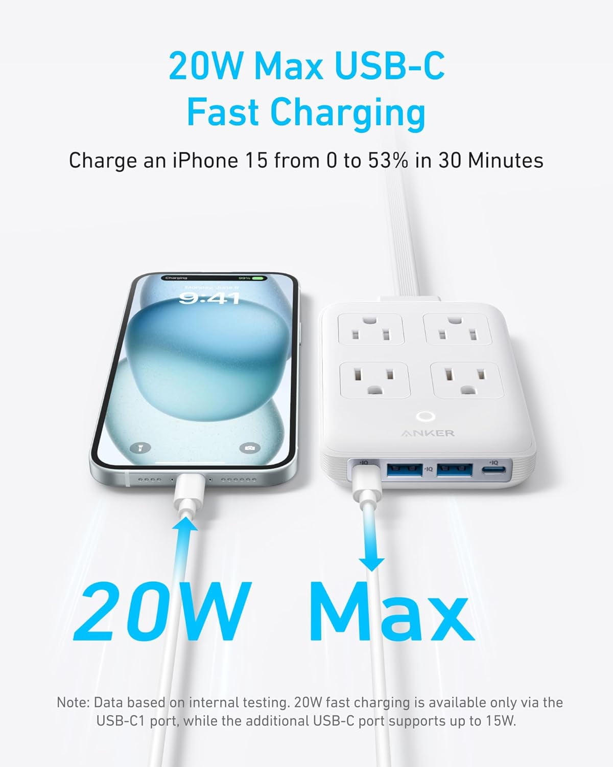 Anker Charging Station, 20W Max 8-in-1 USB-C Power Strip, 5 ft Thin Cord with 4 AC, 2 USB-A, and 2 USB-C Ports, Fast Charging Desktop Charger