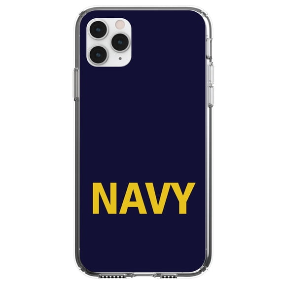 DistinctInk Clear Shockproof Hybrid Case for iPhone 12 MINI (5.4" Screen) - TPU Bumper, Acrylic Back, Tempered Glass Screen Protector - Yellow Navy - Show Your Support for the Navy