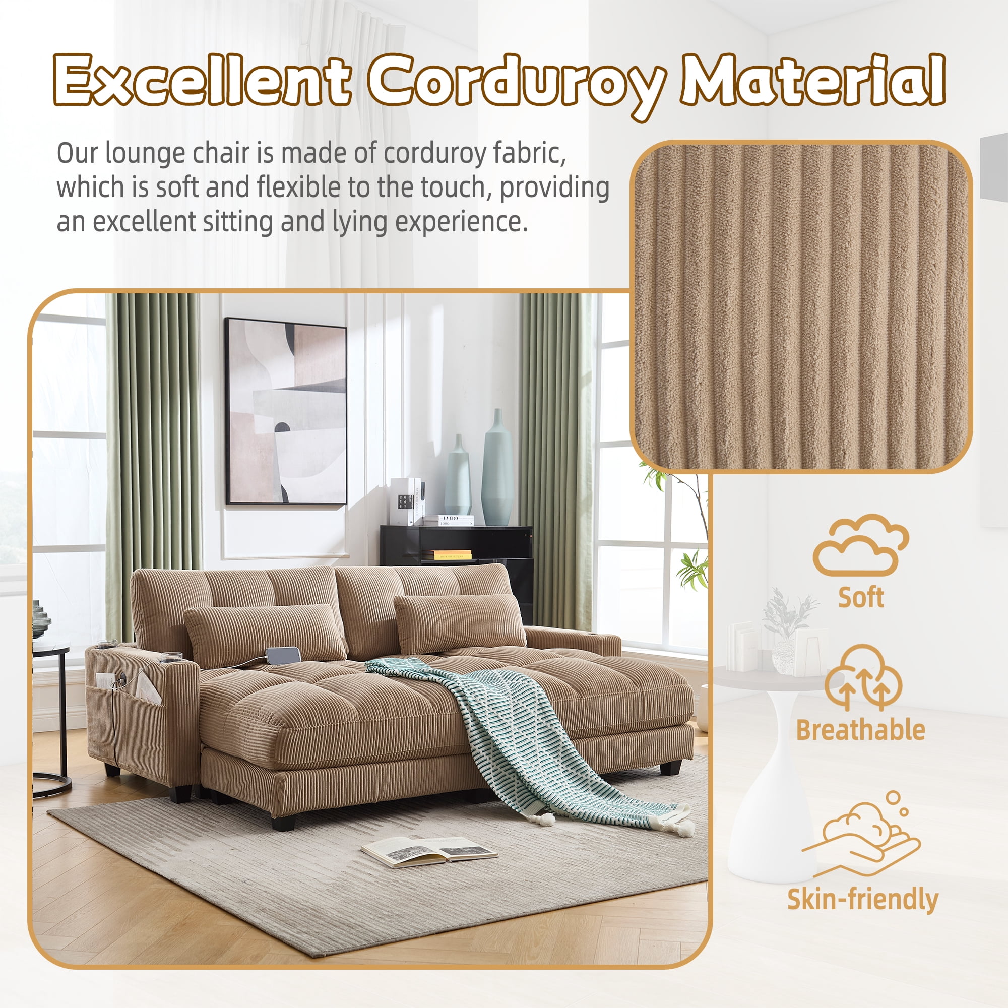 MOONMISS Corduroy Upholstered Soft Deep Seat Sofa with USB,Type-C&2 Cup Holders-Khaki