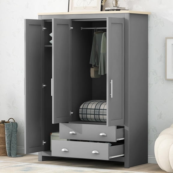 3 Doors Armoire Wardrobe Closet with 2 Drawers, 67.9" H Wooden Closet Wardrobe Cabinet with 2 Hanging Rods and Shelves, Freestanding Clothes Storage Cabinet for Bedroom, Gray