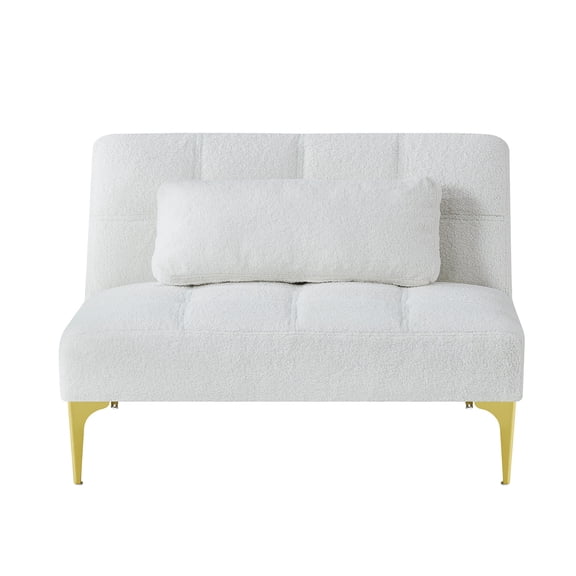 White Teddy Fabric Convertible Sofa Bed with Gold Metal Legs, Modern Futon for Living Room & Guest Room