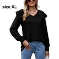 thumbnail image 2 of Camiseta holgada informal de manga larga con cuello en V y volantes (negro), 2 of 6