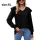 thumbnail image 2 of Camiseta holgada informal de manga larga con cuello en V y volantes (negro), 2 of 6