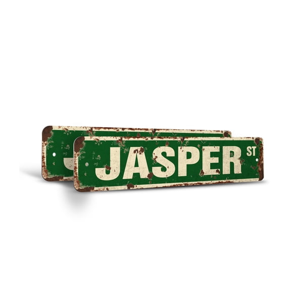 JASPER Vintage Style Rustic Street Sign – (2 Pack) Childrens Name Room Sign Retro Decorative Wall Sign for Home, Bar, Garage, or Outdoor Use | 4" X 18" Plastic Road Sign
