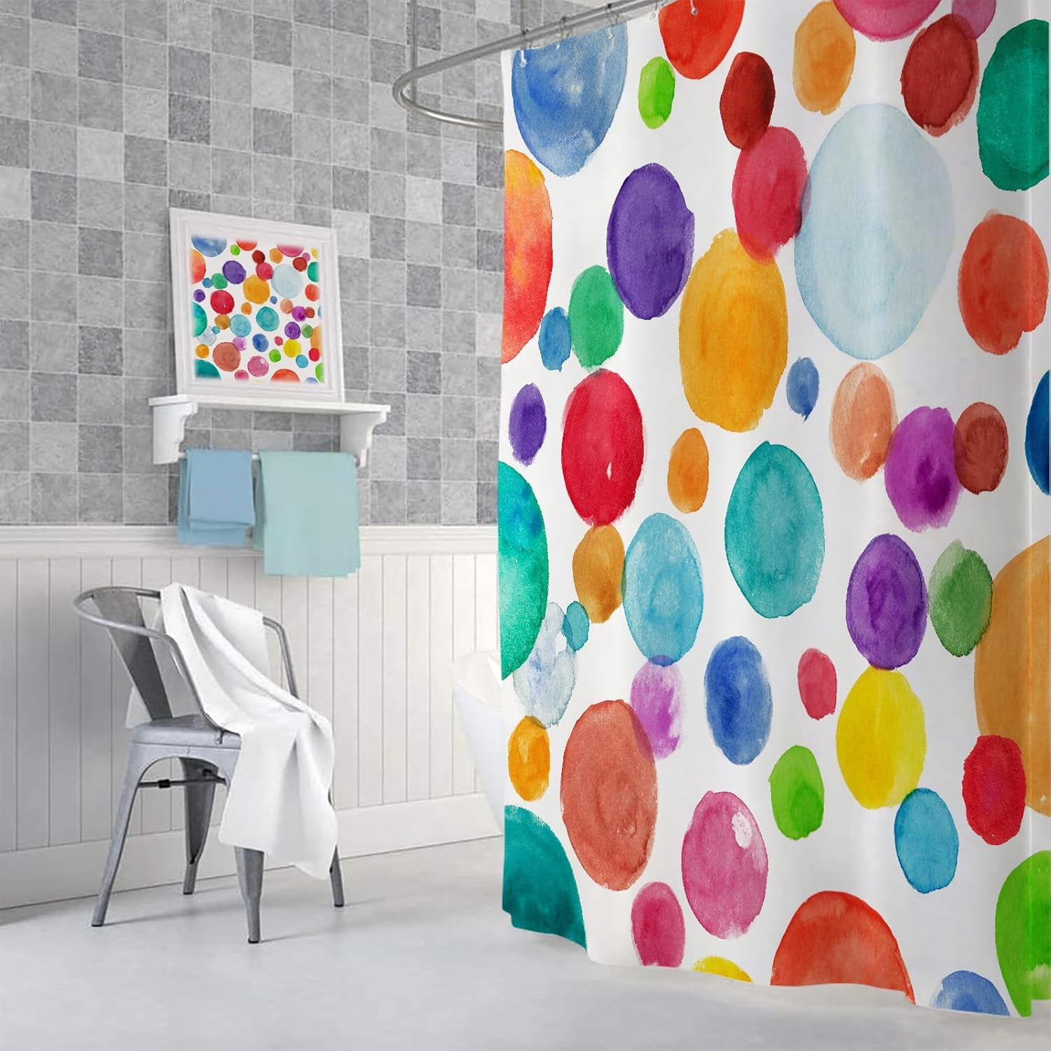 Colorful Polka Dot Shower Curtain for Kids Bathroom, Cute Rainbow Geometric Fabric Kid Shower Curtains Set, Bright White Girls Boys Childrens Restroom Decor Decorative with Hooks 72X 72 inch