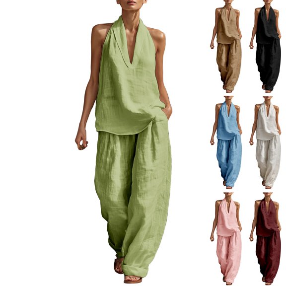 Women's Halter Neck 2 Piece Set, V Neck Tank Top and Wide Leg Pants Outfit, Casual Lounge Set, Summer Vacation Outfits for Women, Beach Cover Up and Romper Alternative-Black