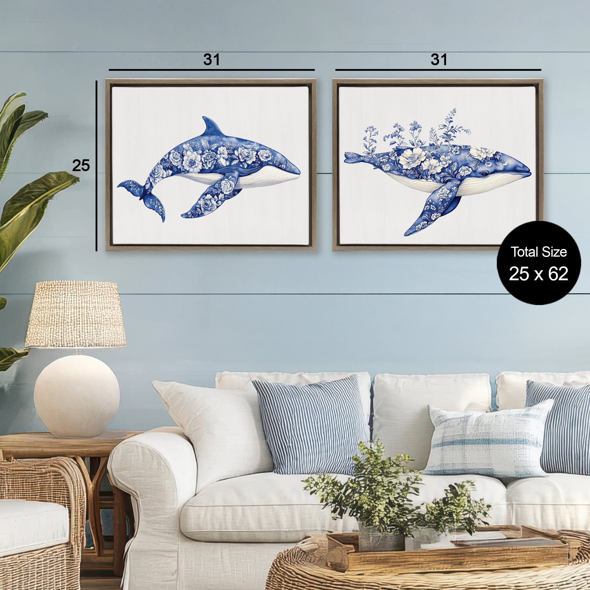 Blooming Toile Pattern Whales 2 Piece Brown Framed Floater Canvas Set, design by Lettered and Lined