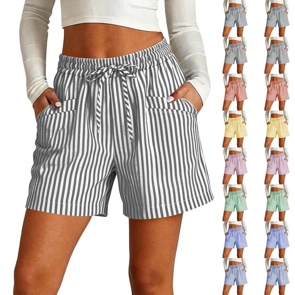 Striped Linen Bermuda Shorts for Women High Waisted Drawstring Gauze Shorts with Pockets Casual Summer Beach Outfits, L