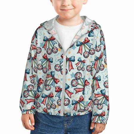 

Qekee Disco Ball Cherry With Bow Print UPF 50+ Kids Sun-Protective Hooded Long Sleeve Rash Guard for Fishing Water Beach Sports -5 Years