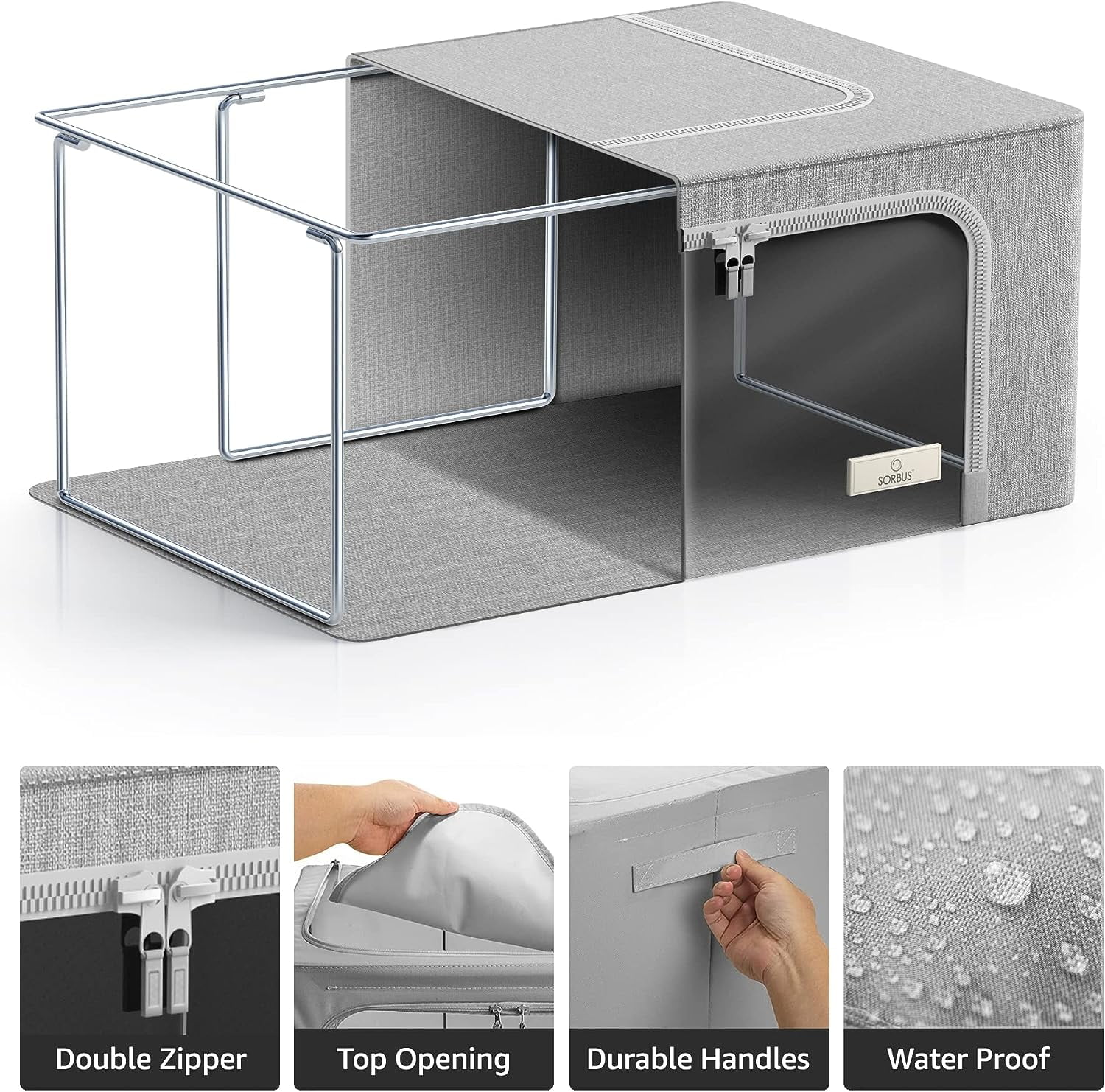 Sorbus Foldable Storage Bin with Metal Frame – Stackable Organizer with Handles, Gray