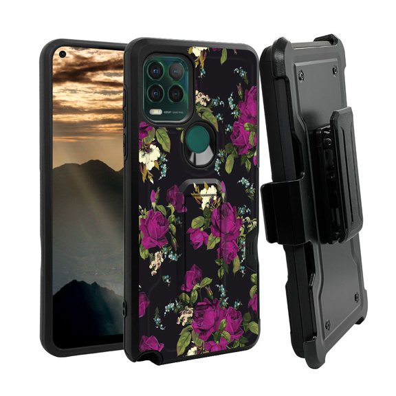 ANJ  Rugged Shockproof Holster Case w/Card Slot, Kickstand   Tempered Glass for Motorola Moto G Stylus 5G - Enchanted Roses